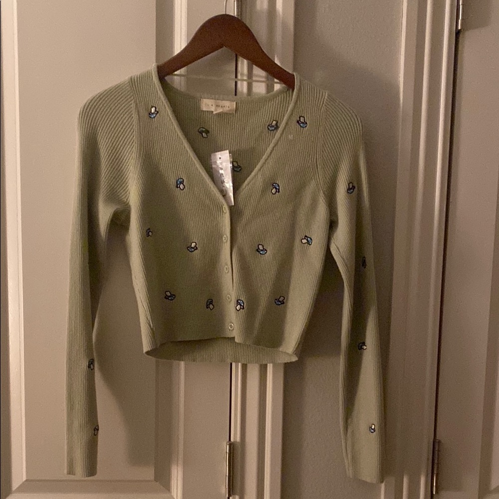 PacSun Sage Green Cropped Cardigan with Mushroom Embroidery